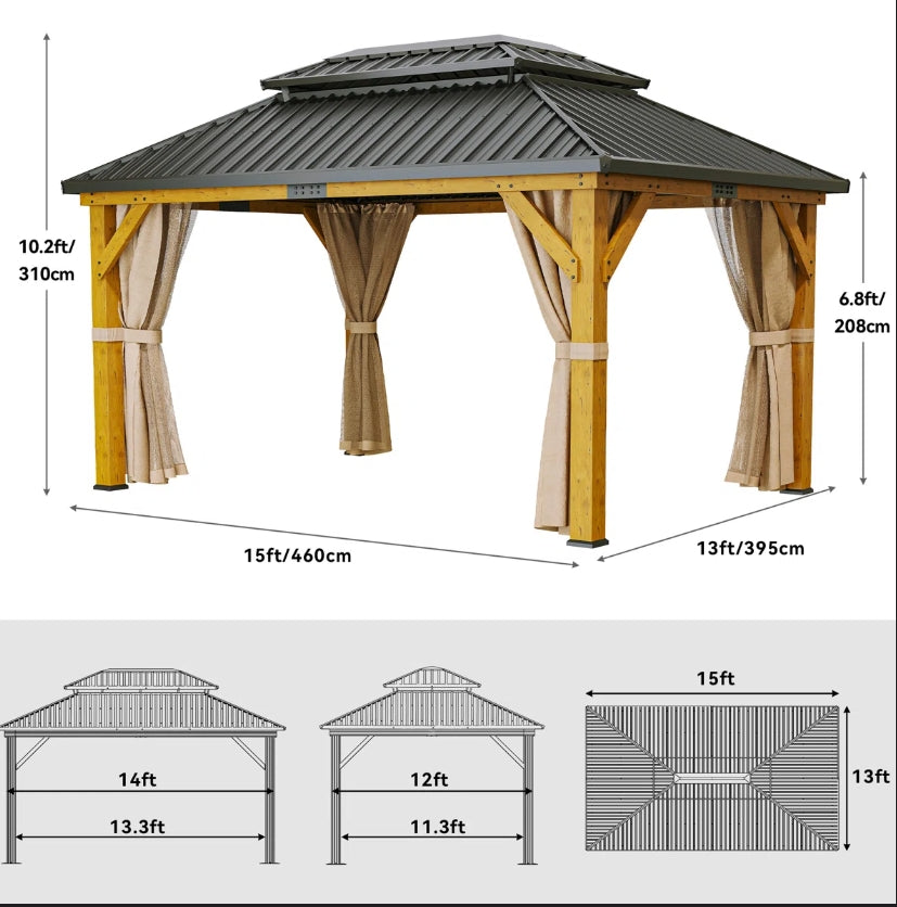Outdoor Structure - Solid Wood Patio Gazebo with Double Roof Hardtop and Curtains - WF11.7.25